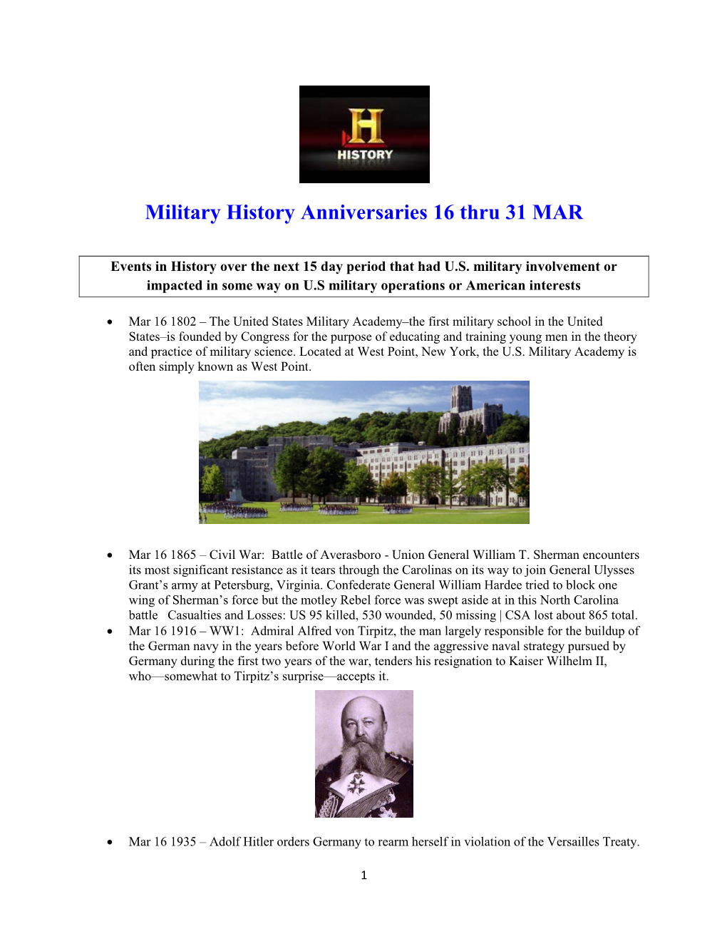 Military History Anniversaries 16 Thru 31 MAR