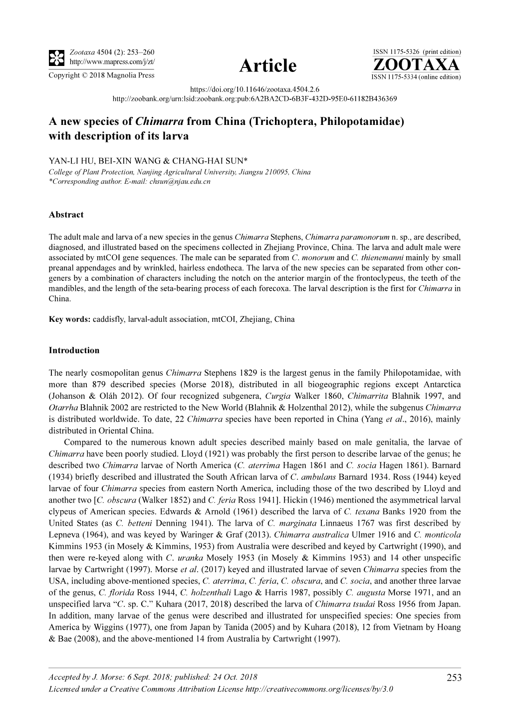 A New Species of Chimarra from China (Trichoptera, Philopotamidae) with Description of Its Larva