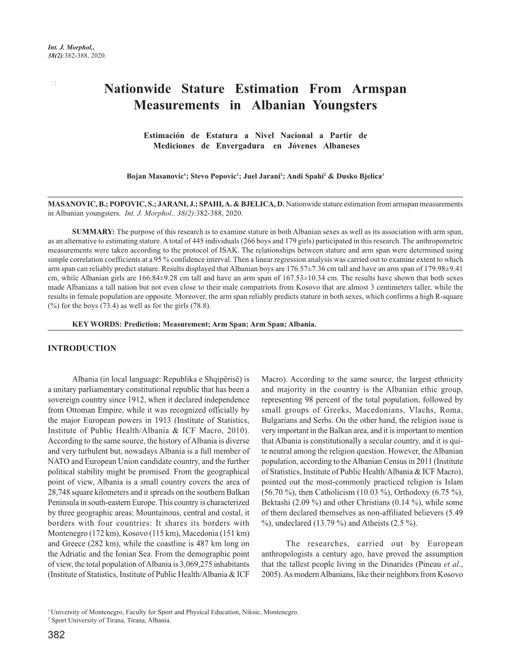 Nationwide Stature Estimation from Armspan Measurements in Albanian Youngsters