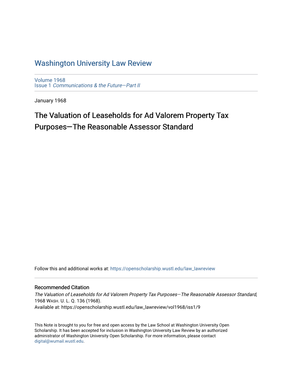 The Valuation of Leaseholds for Ad Valorem Property Tax Purposes—The Reasonable Assessor Standard