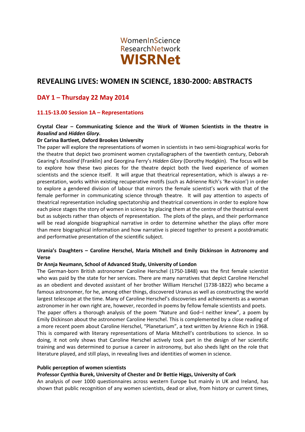 Revealing Lives: Women in Science, 1830-2000: Abstracts