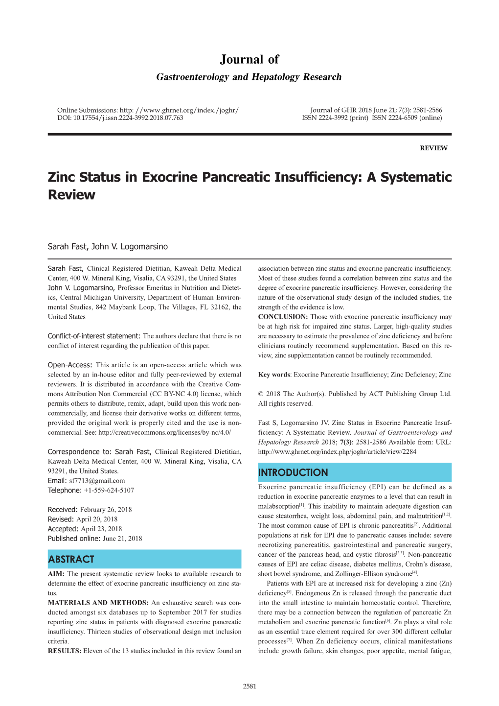 Zinc Status in Exocrine Pancreatic Insufficiency: a Systematic Review