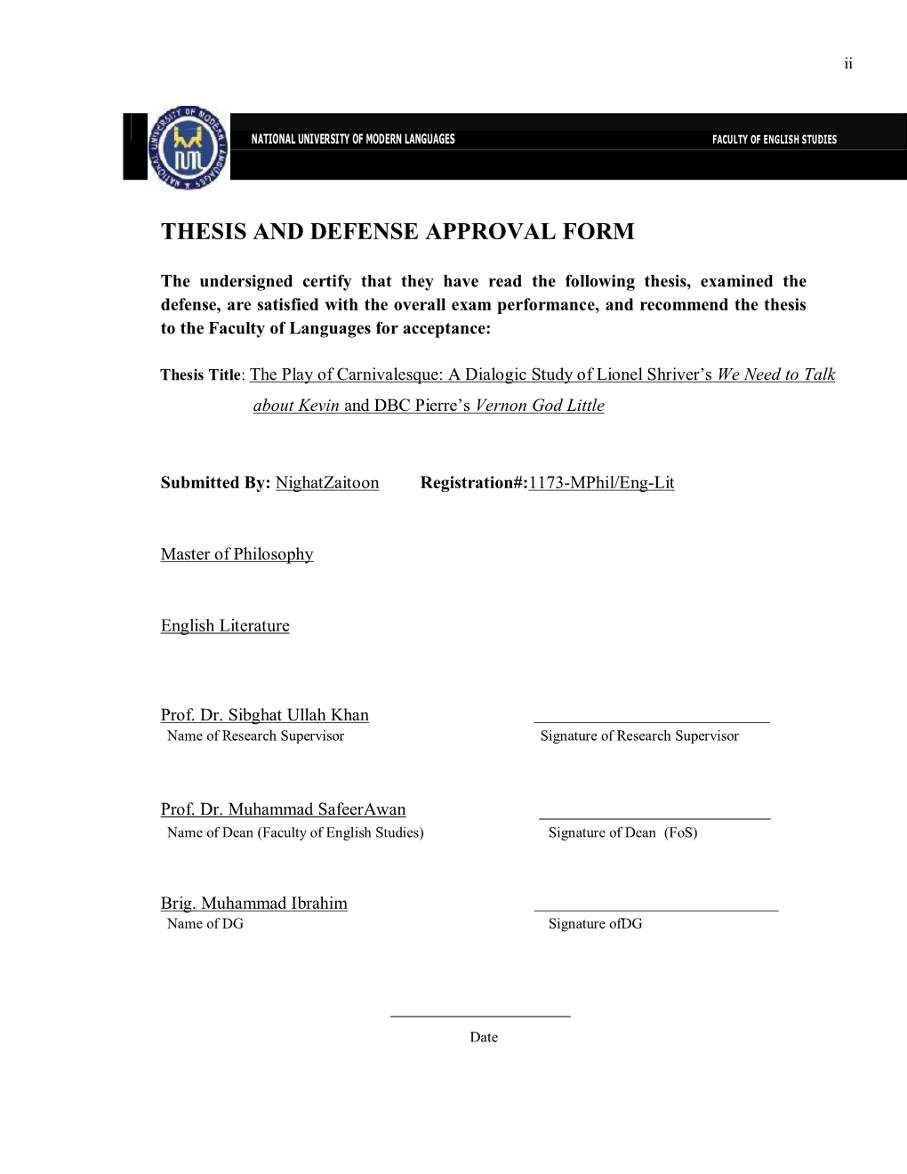 Thesis and Defense Approval Form