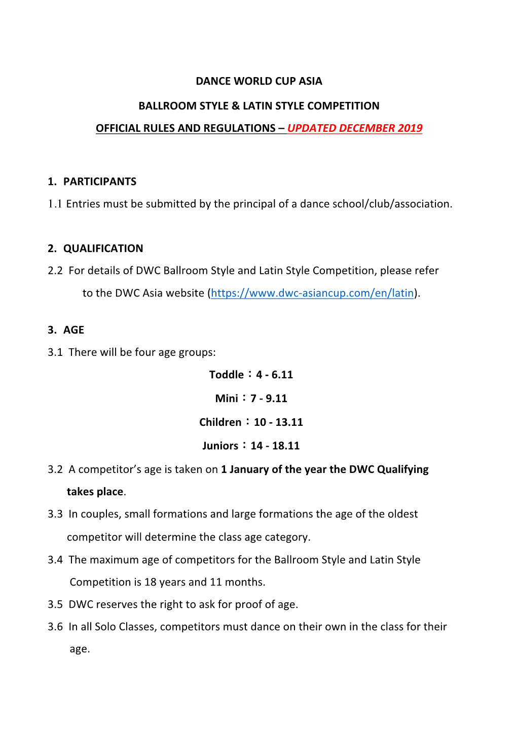 Dance World Cup Asia Ballroom Style & Latin Style Competition Official Rules