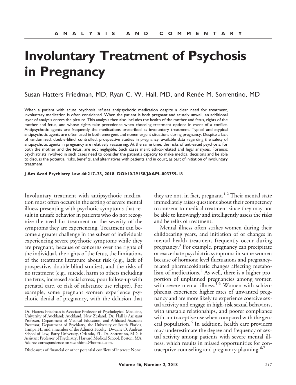 Involuntary Treatment of Psychosis in Pregnancy