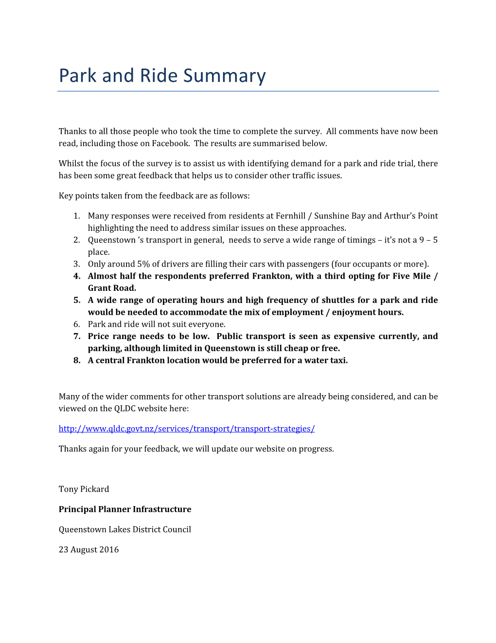 Park and Ride Summary