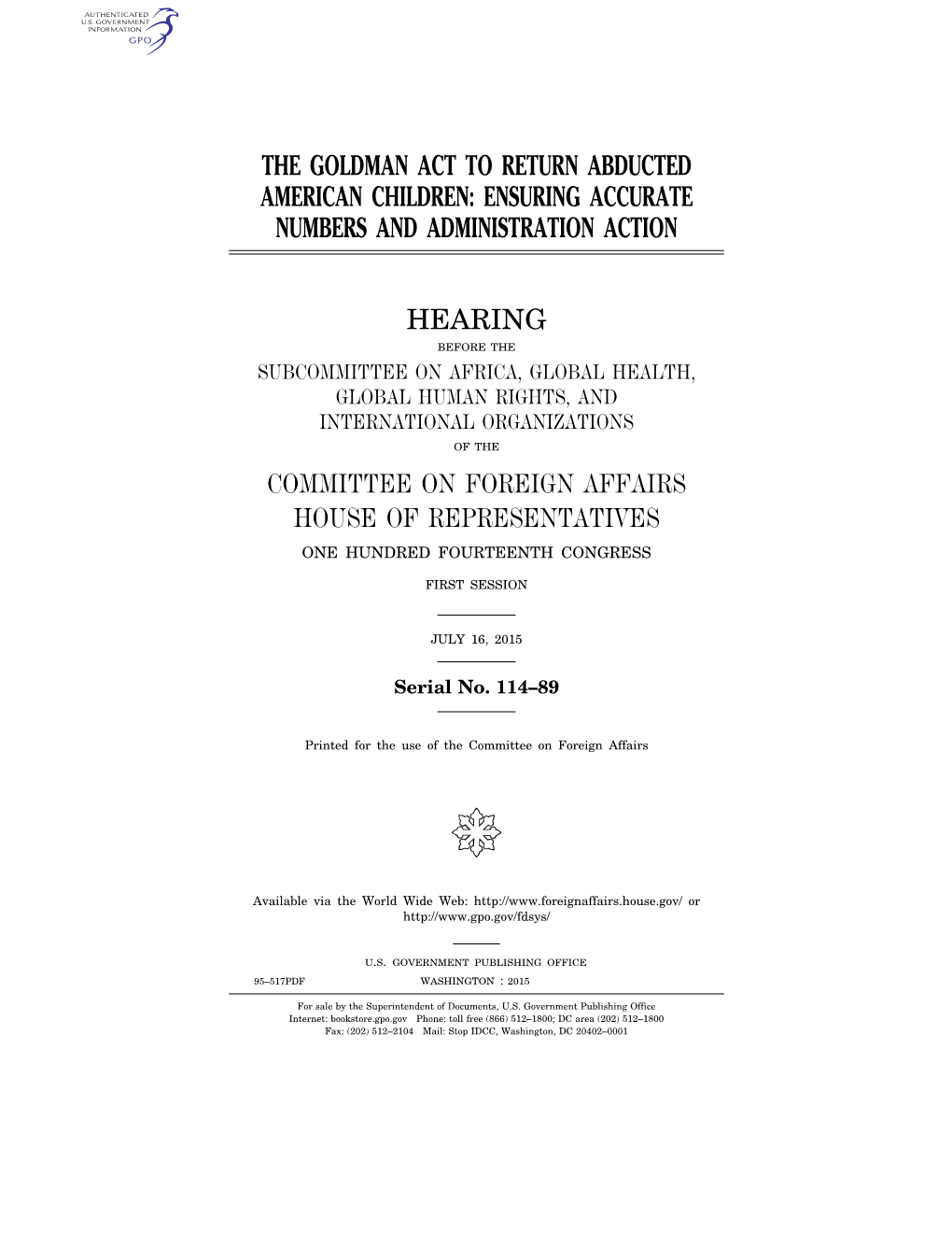 The Goldman Act to Return Abducted American Children: Ensuring Accurate Numbers and Administration Action