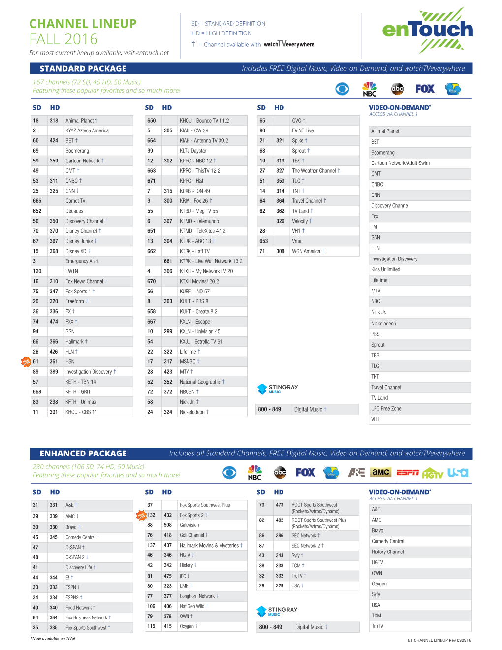 CHANNEL LINEUP SD = STANDARD DEFINITION HD = HIGH DEFINITION FALL 2016 † = Channel Available with for Most Current Lineup Available, Visit Entouch.Net