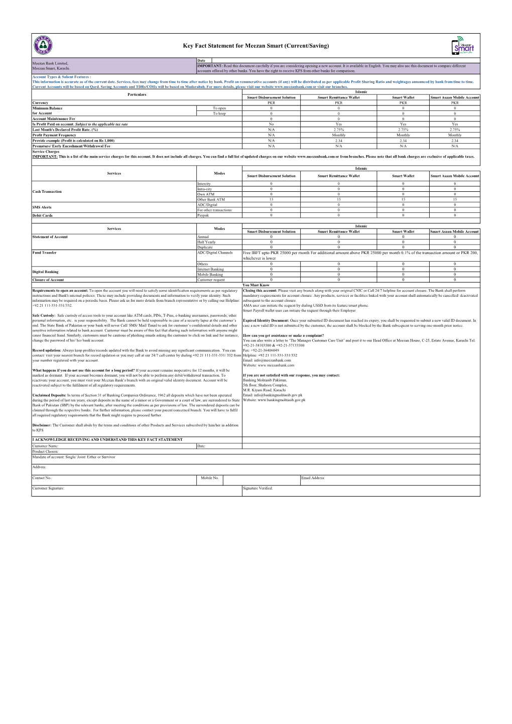 Key Fact Statement for Meezan Smart (Current/Saving)
