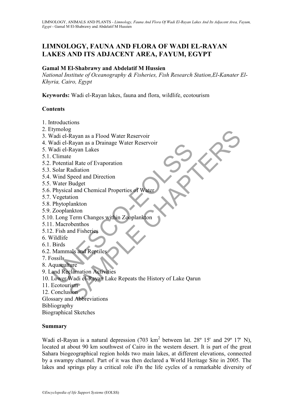 Limnology, Fauna and Flora of Wadi El-Rayan Lakes and Its Adjacent Area, Fayum, Egypt - Gamal M El-Shabrawy and Abdelatif M Hussien