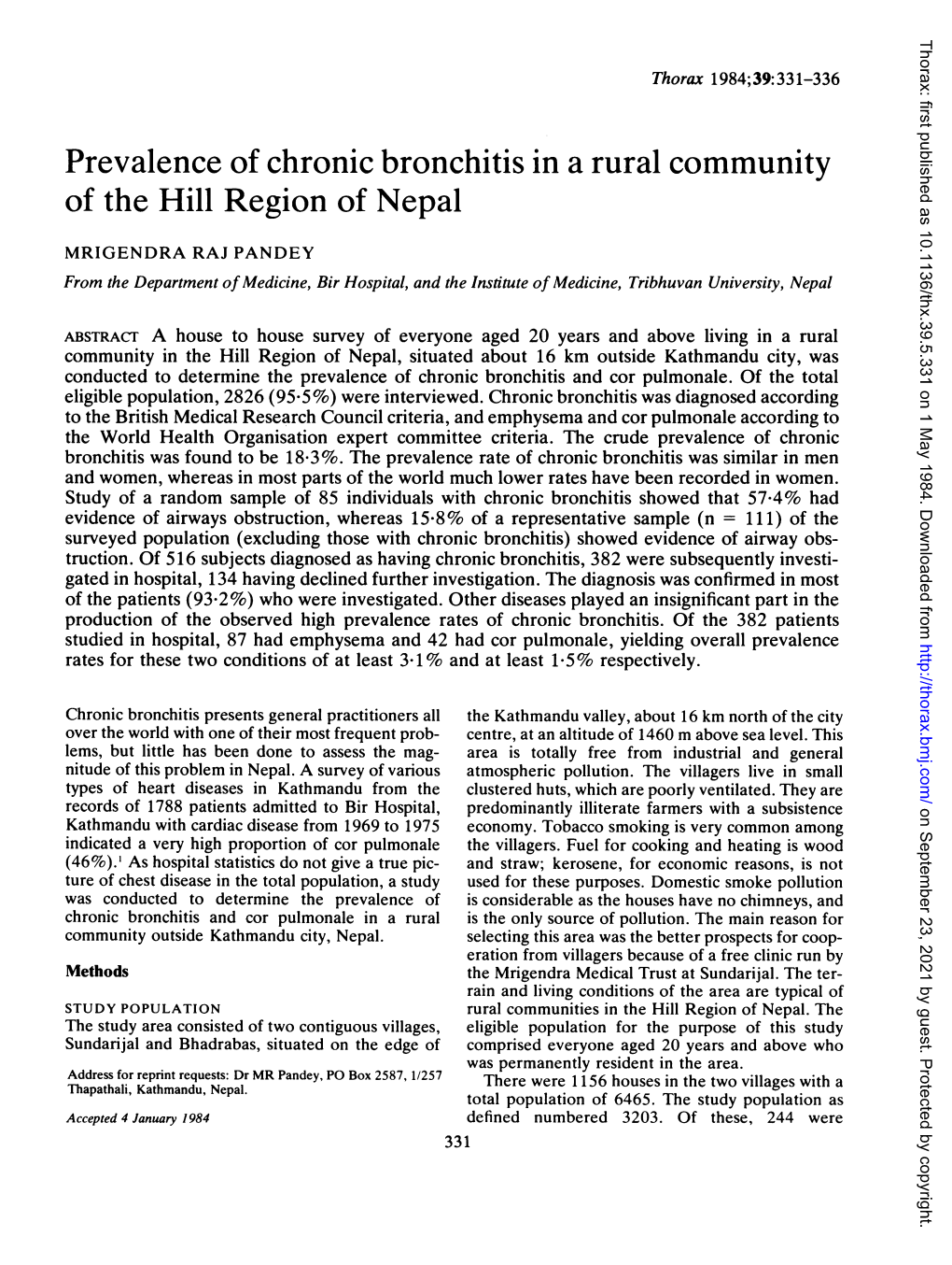 Prevalence of Chronic Bronchitis in a Rural Community of the Hill Region of Nepal