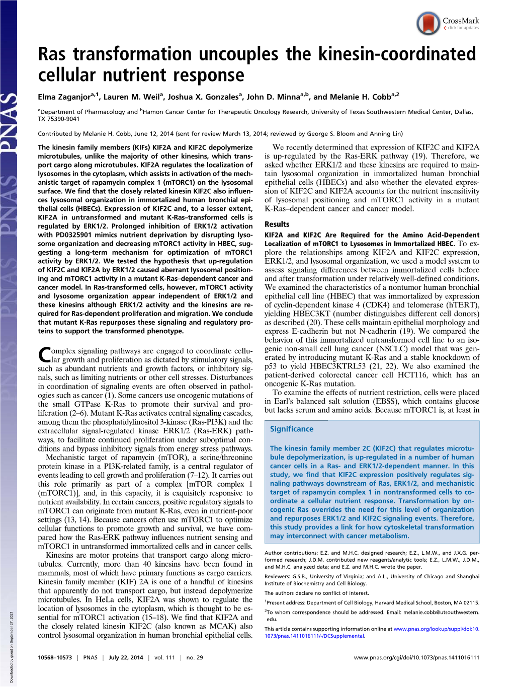 Ras Transformation Uncouples the Kinesin-Coordinated Cellular Nutrient Response