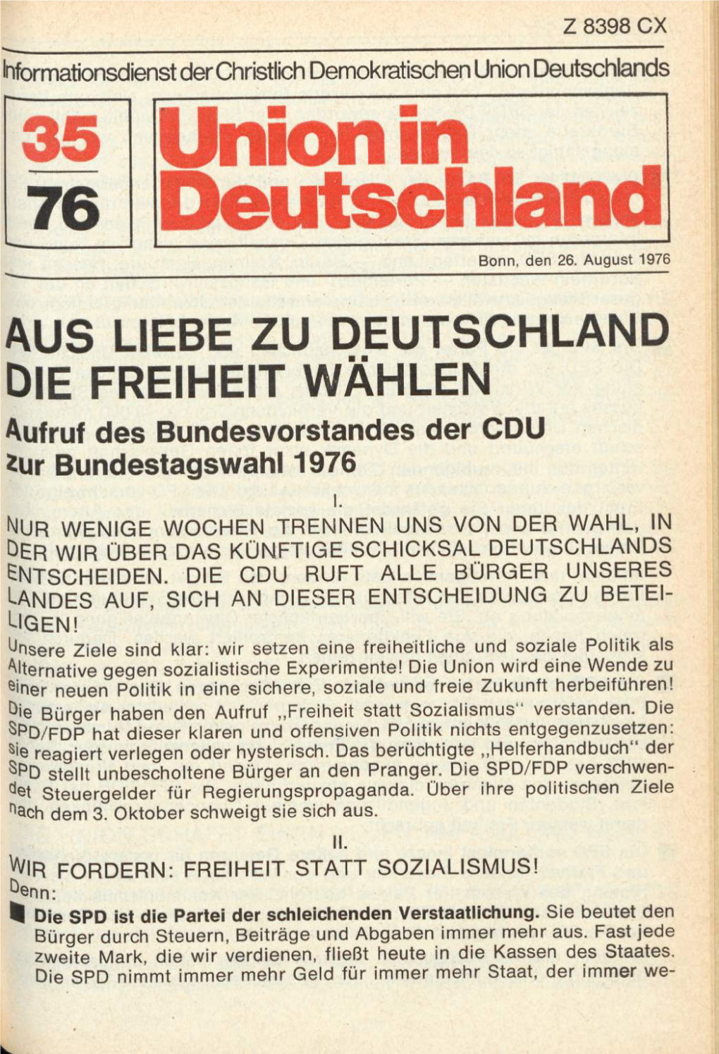 UID 1976 Nr. 35, Union in Deutschland