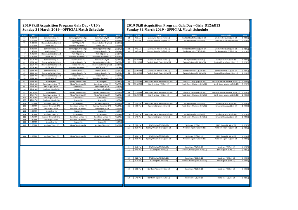 OFFICIAL Match Schedule 2019 Skill Acquisition