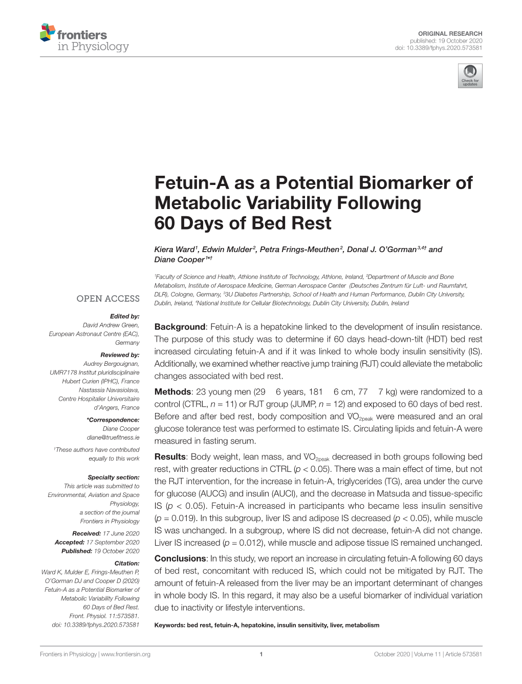 Fetuin-A As a Potential Biomarker of Metabolic Variability Following 60 Days of Bed Rest