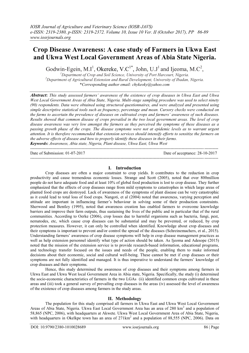 Crop Disease Awareness: a Case Study of Farmers in Ukwa East and Ukwa West Local Government Areas of Abia State Nigeria