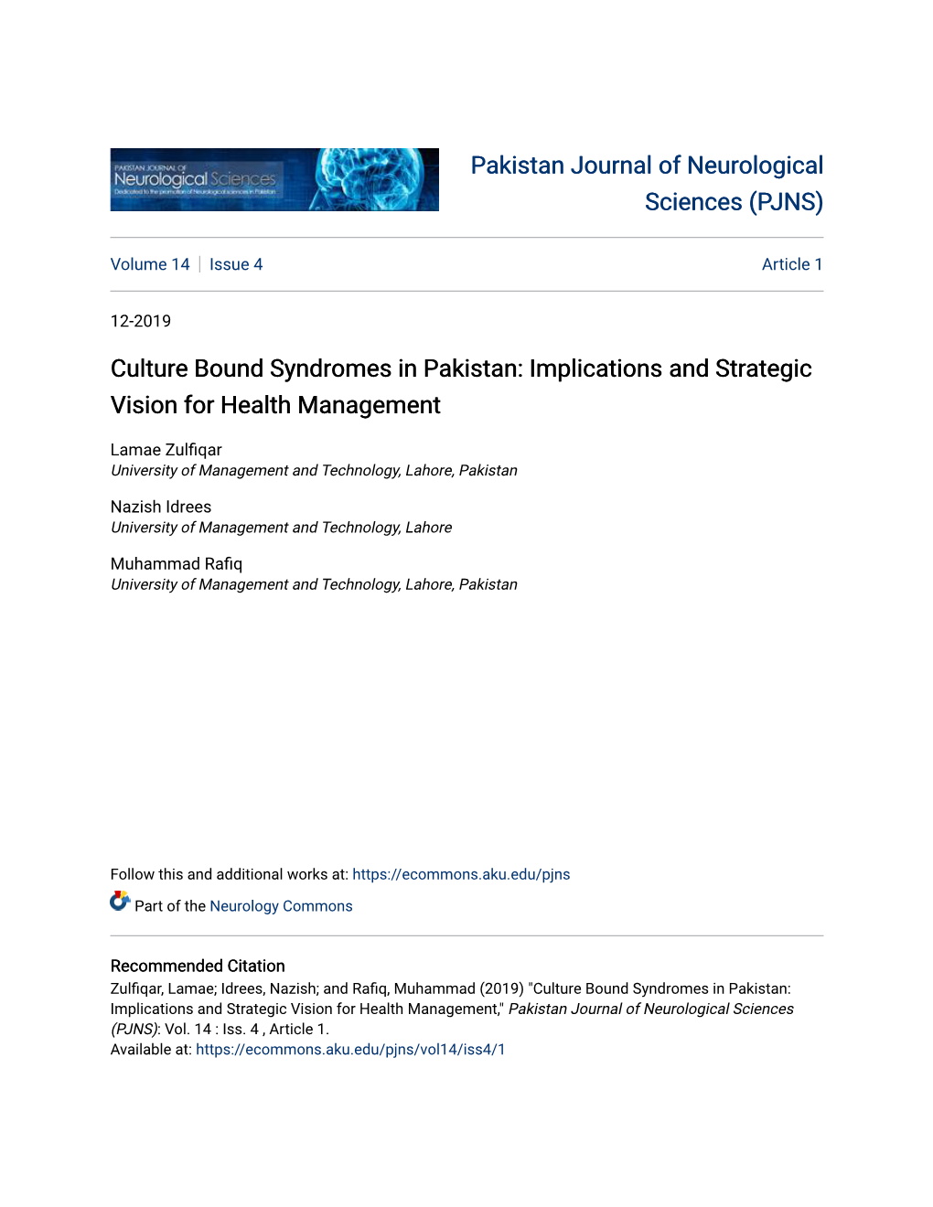 Culture Bound Syndromes in Pakistan: Implications and Strategic Vision for Health Management