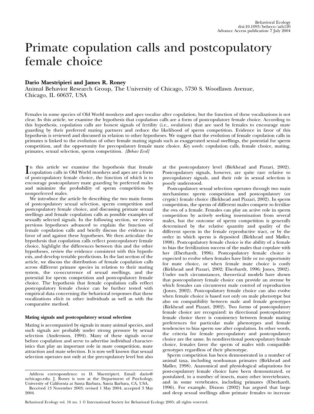 Primate Copulation Calls and Postcopulatory Female Choice