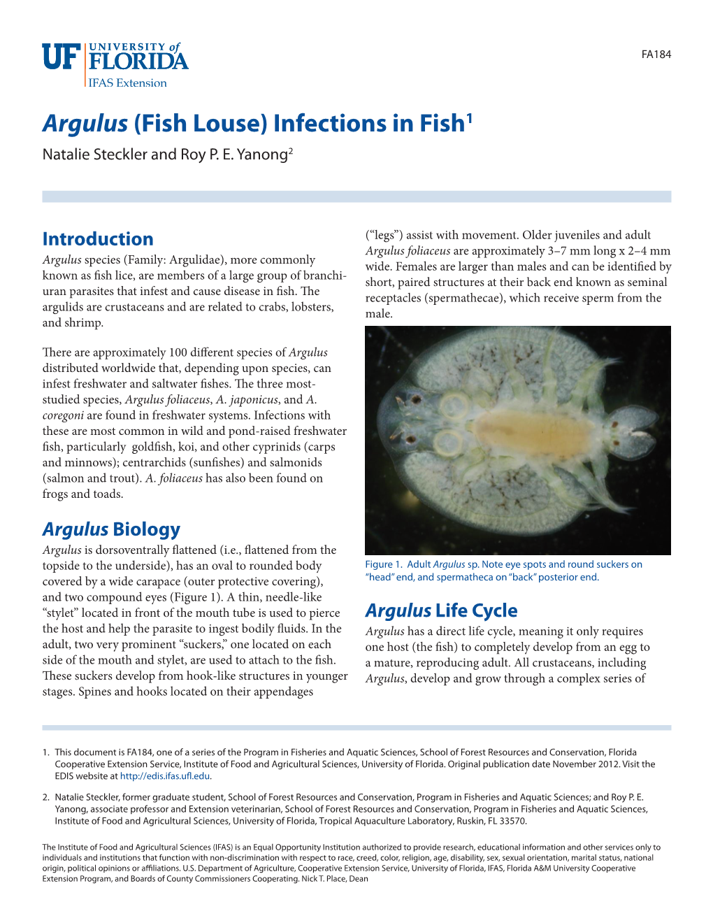 Argulus (Fish Louse) Infections in Fish1 Natalie Steckler and Roy P