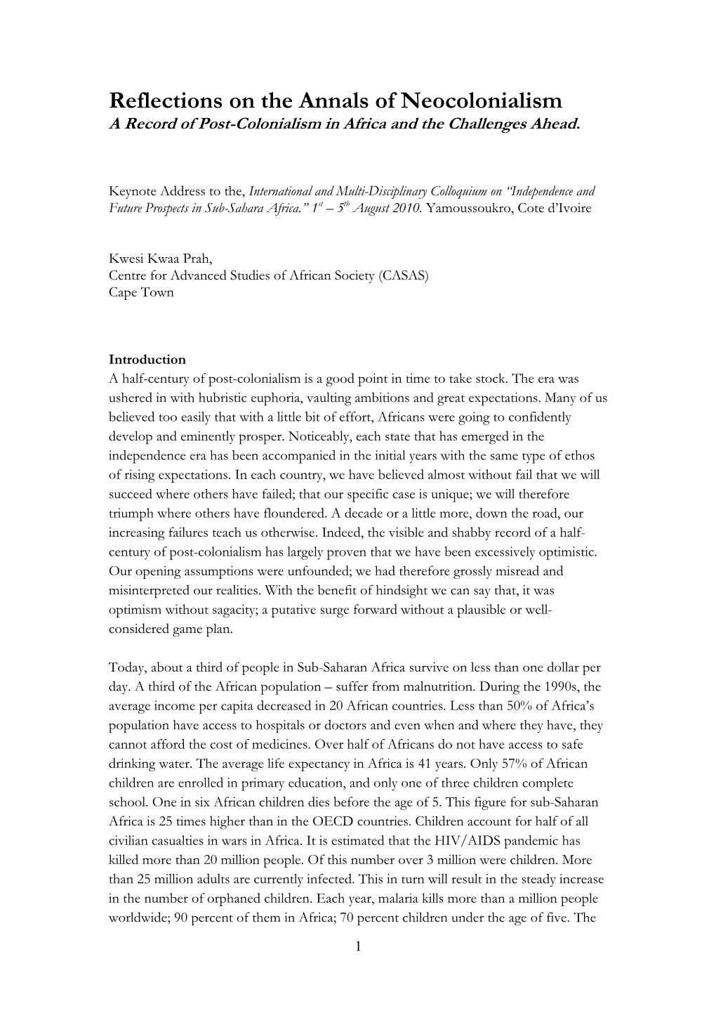 Reflections on the Annals of Neocolonialism a Record of Post-Colonialism in Africa and the Challenges Ahead