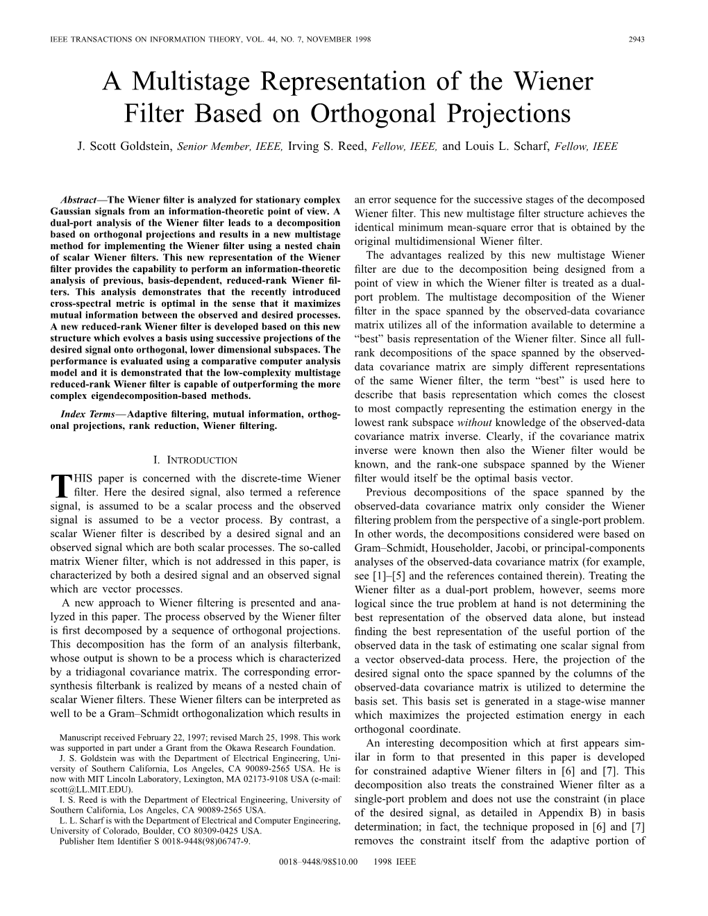 A Multistage Representation of the Wiener Filter Based on Orthogonal Projections