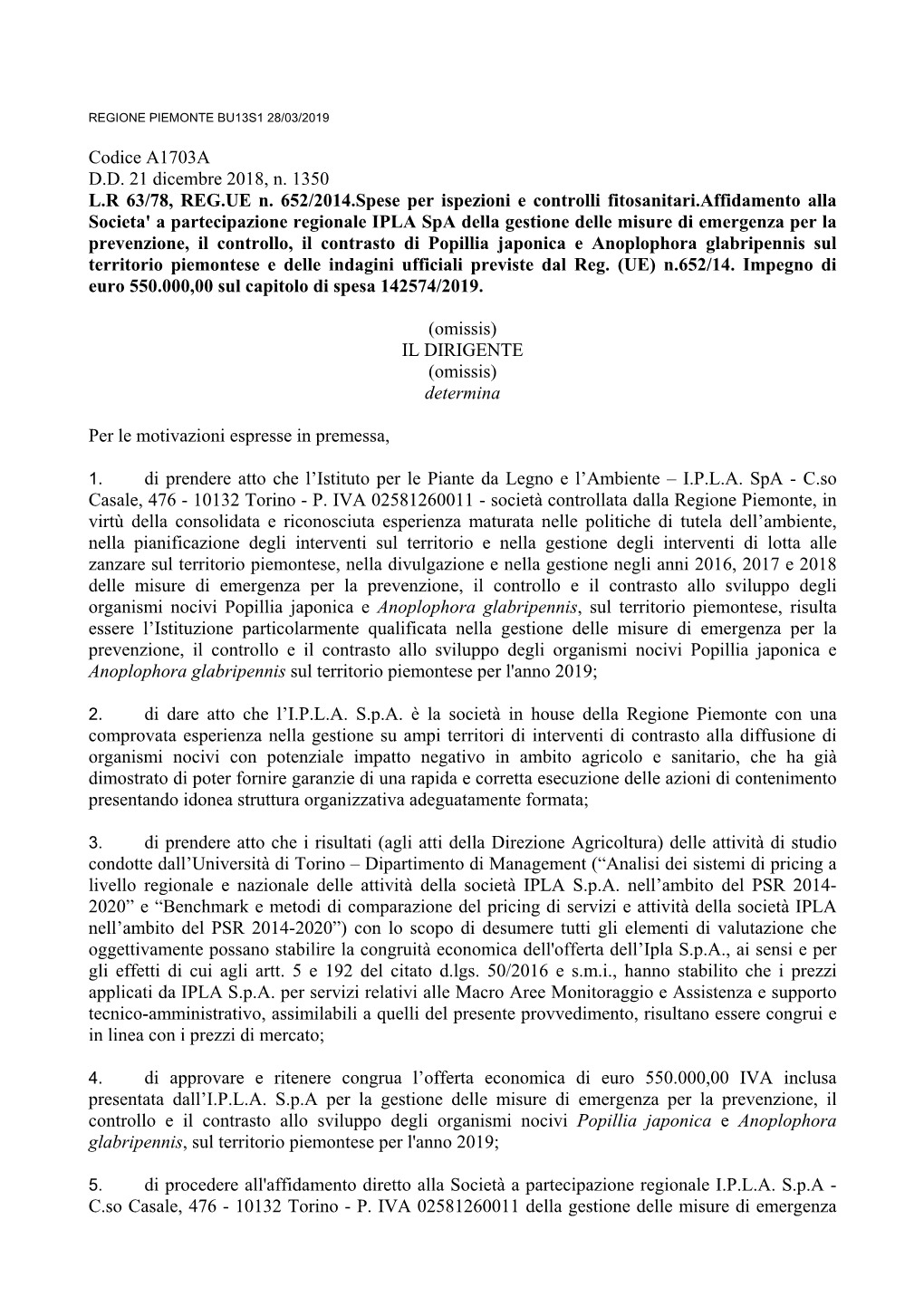 Codice A1703A D.D. 21 Dicembre 2018, N. 1350 L.R 63/78, REG.UE N