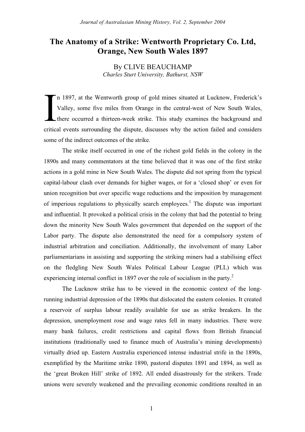 The Anatomy of a Strike: Wentworth Proprietary Co. Ltd, Orange, New South Wales 1897