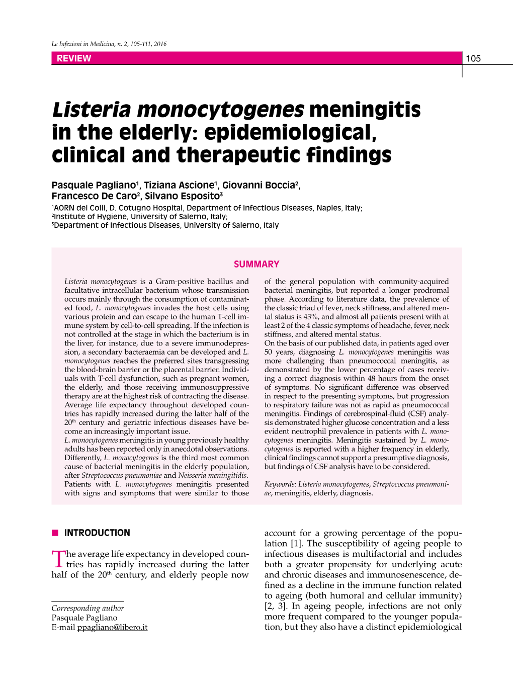 Listeria Monocytogenes Meningitis in the Elderly: Epidemiological, Clinical and Therapeutic Findings