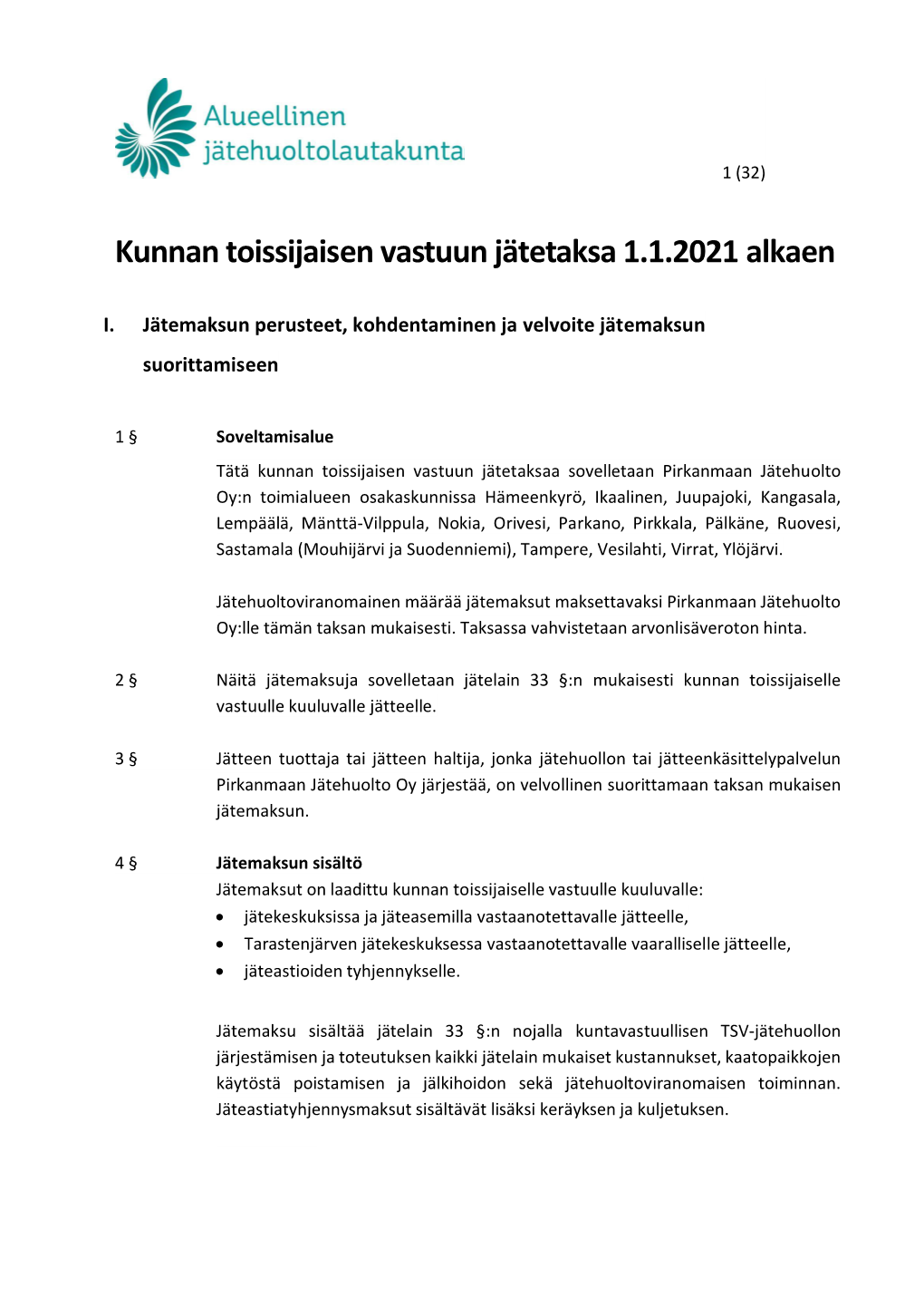 Kunnan Toissijaisen Vastuun Jätetaksa 1.1.2021 Alkaen