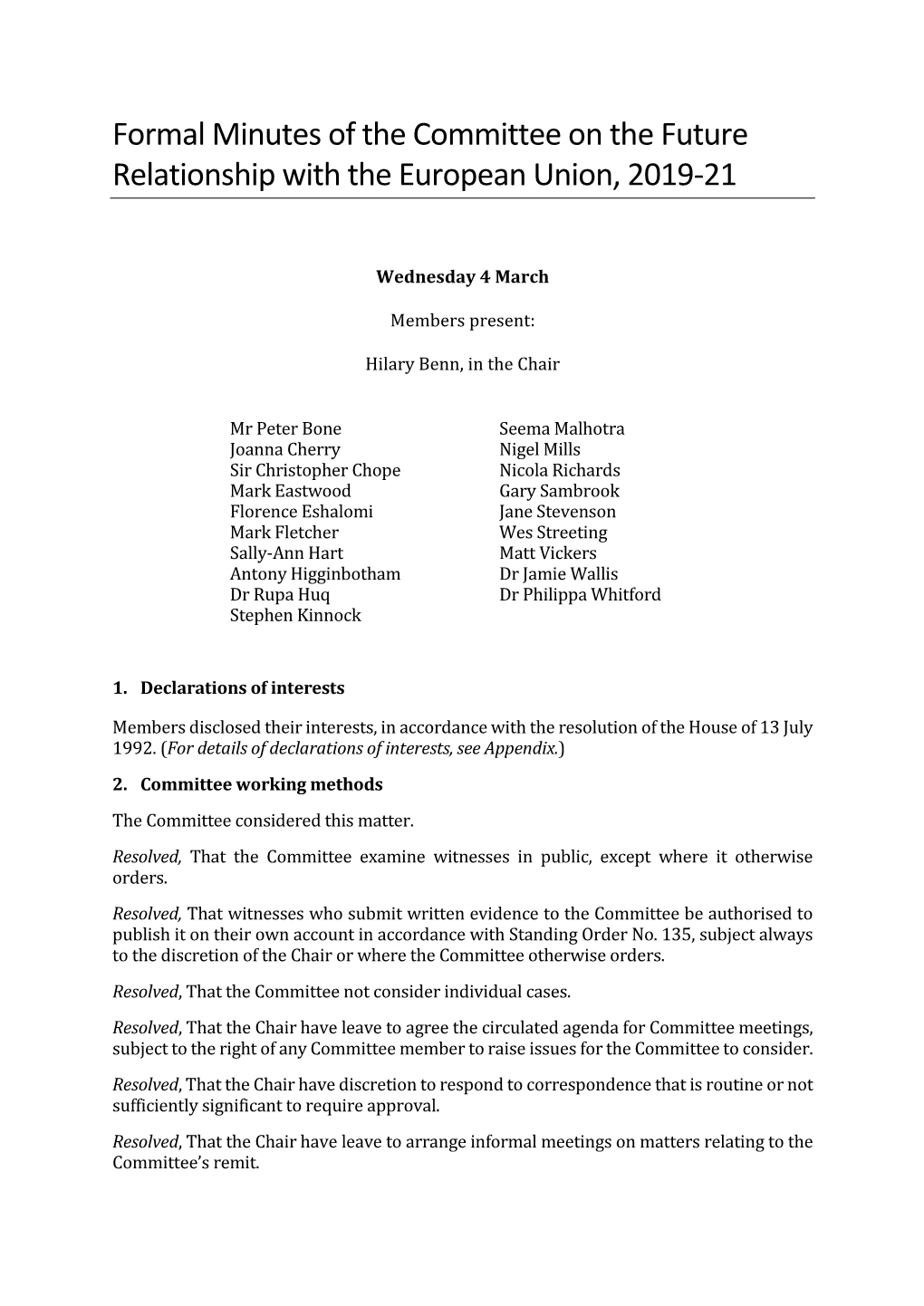 Formal Minutes of the Committee on the Future Relationship with the European Union, 2019-21