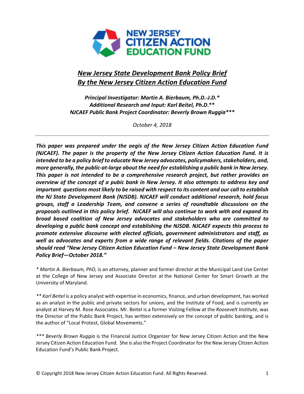 New Jersey State Development Bank Policy Brief by the New Jersey Citizen Action Education Fund