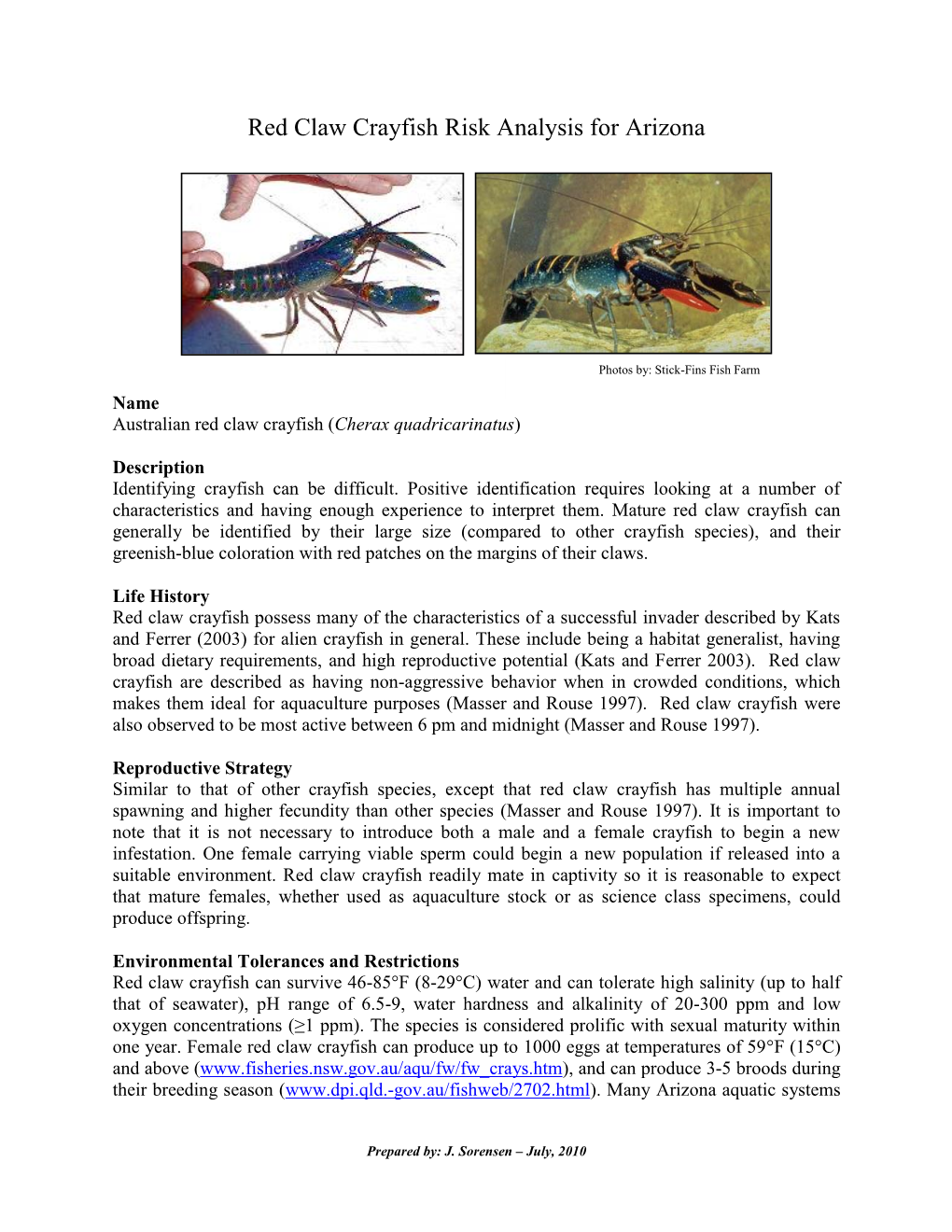 Red Claw Crayfish Risk Analysis for Arizona