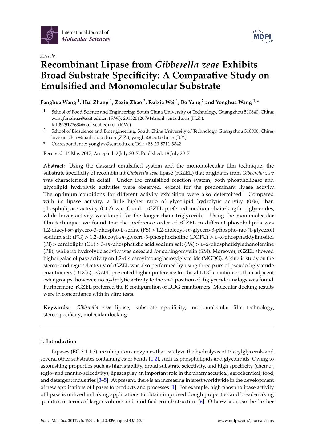 Recombinant Lipase from Gibberella Zeae Exhibits Broad Substrate Speciﬁcity: a Comparative Study on Emulsiﬁed and Monomolecular Substrate