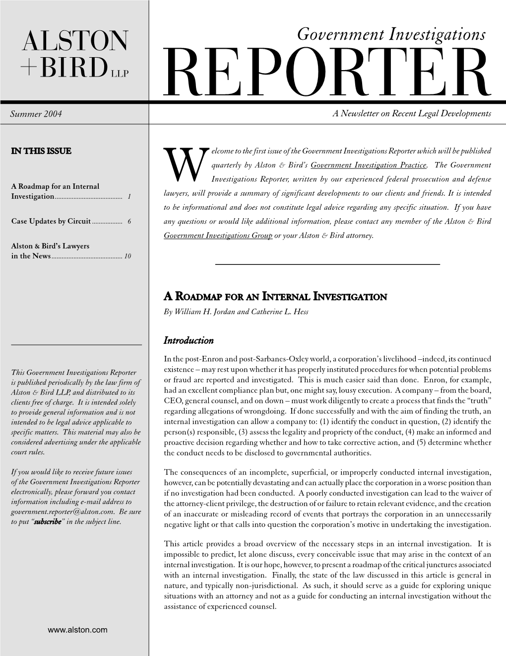 Government Investigations REPORTER Summer 2004 a Newsletter on Recent Legal Developments