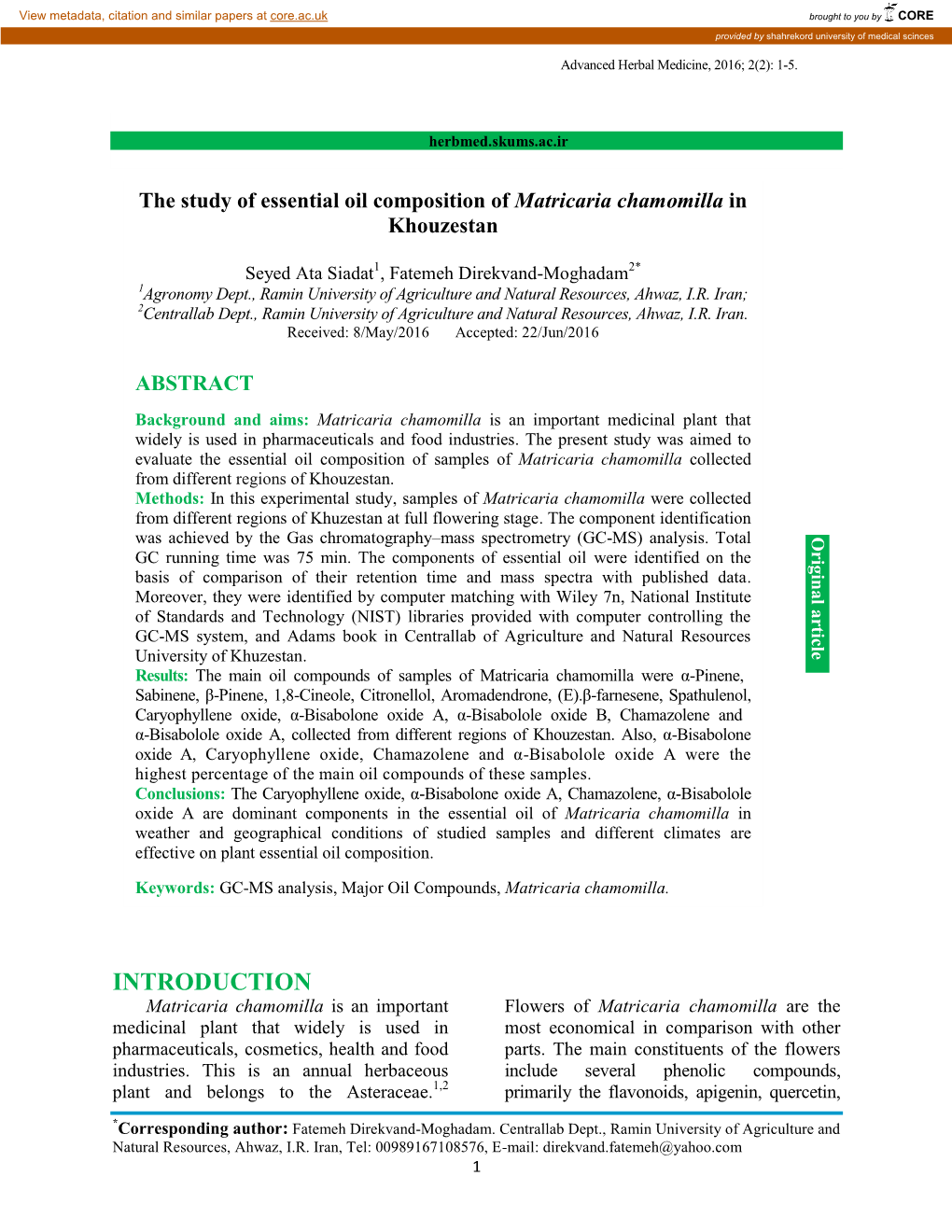 The Study of Essential Oil Composition of Matricaria Chamomilla in Khouzestan