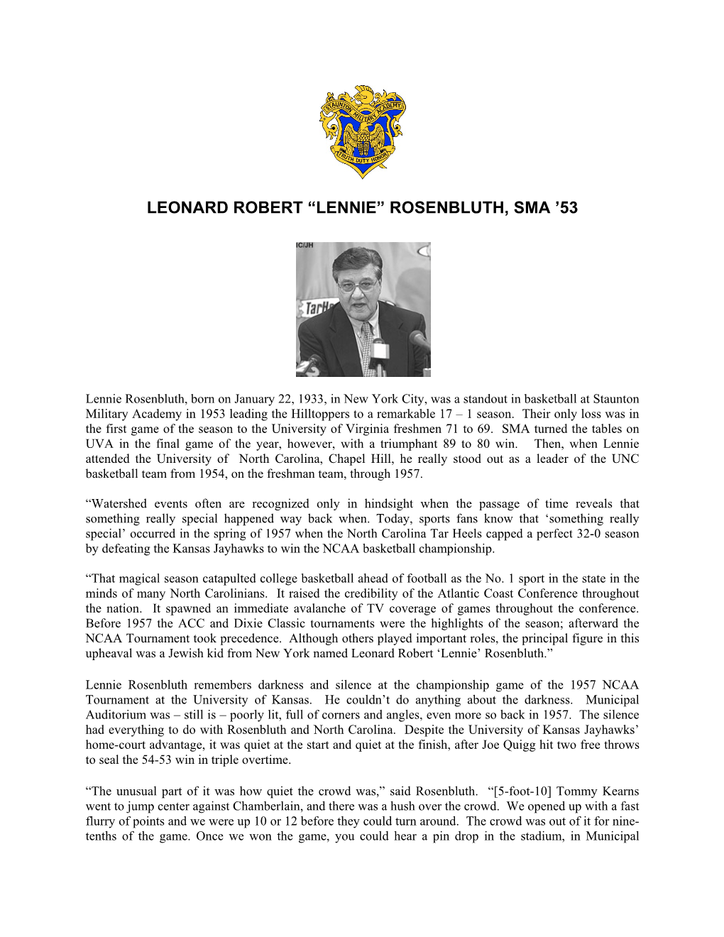 Leonard Robert “Lennie” Rosenbluth, Sma ’53