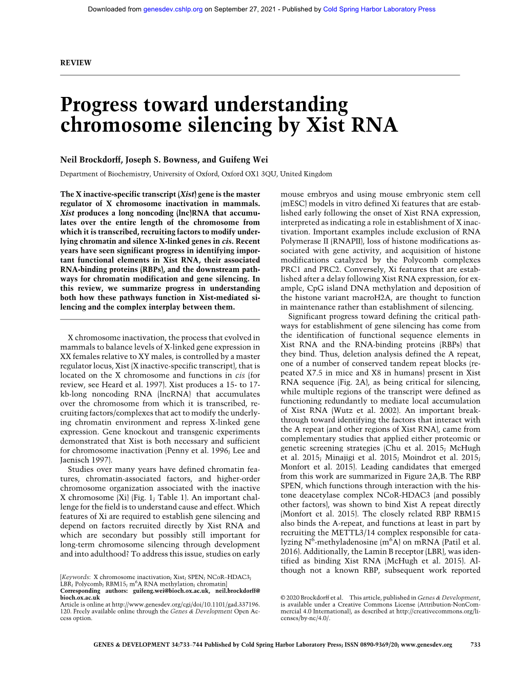 Progress Toward Understanding Chromosome Silencing by Xist RNA