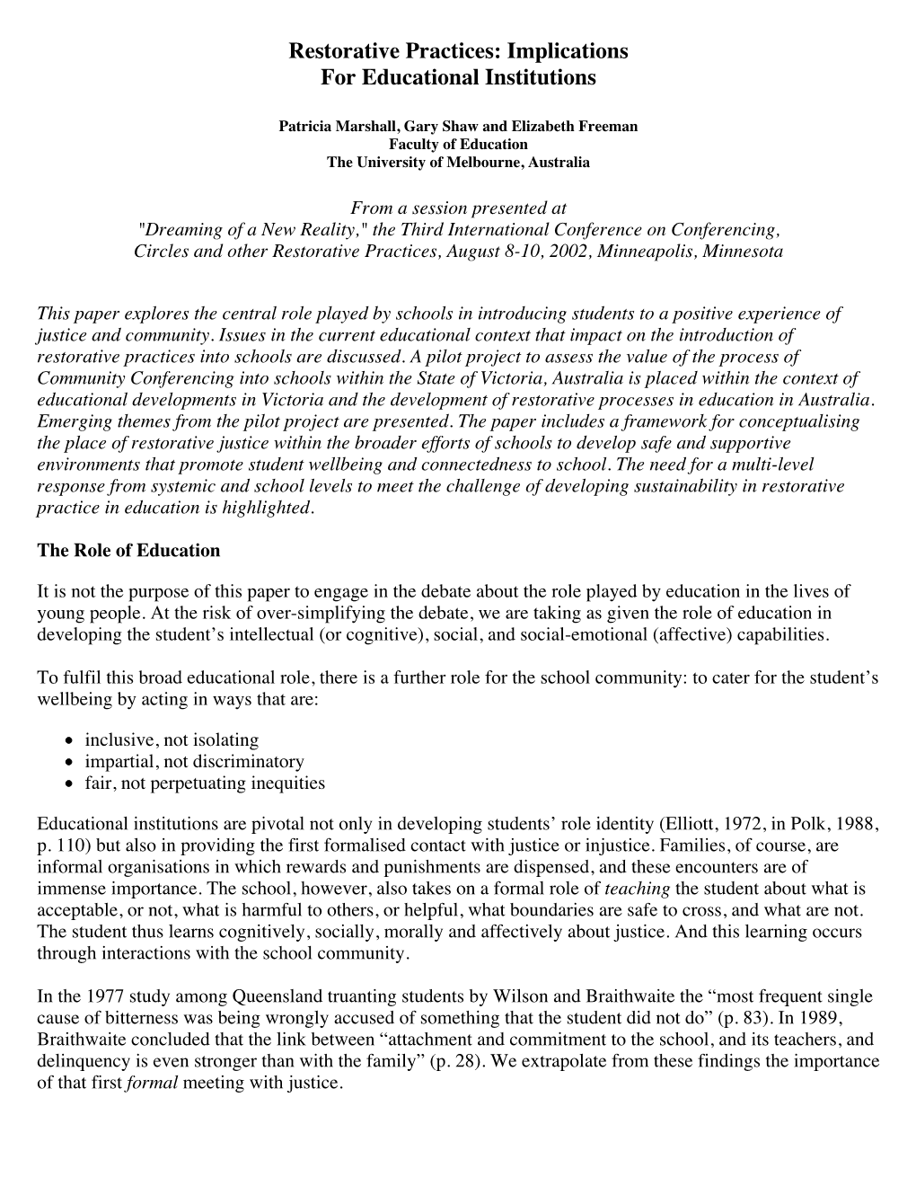 Restorative Practices: Implications for Educational Institutions