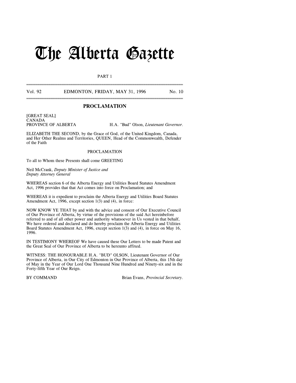 The Alberta Gazette, Part I, May 31, 1996