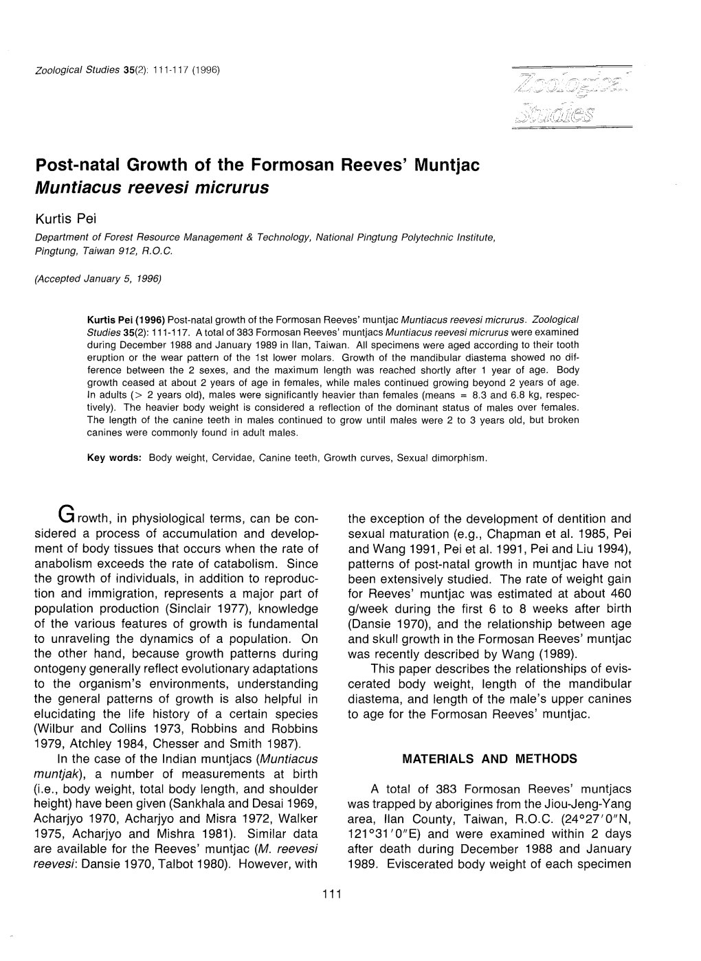 Post-Natal Growth of the Formosan Reeves' Muntjac Muntiacus Reevesi Micrurus