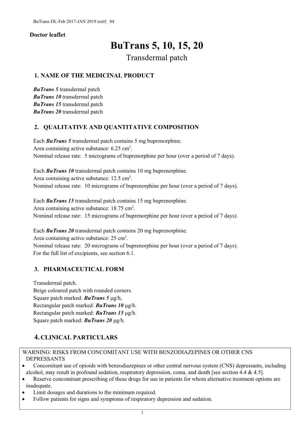 Butrans 5, 10, 15, 20 Transdermal Patch