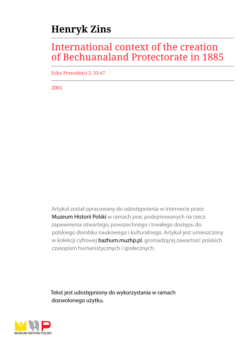 Henryk Zins International Context of the Creation of Bechuanaland Protectorate in 1885