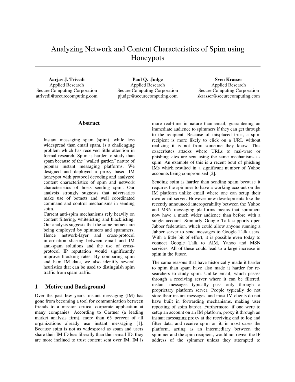 Analyzing Network and Content Characteristics of Spim Using Honeypots