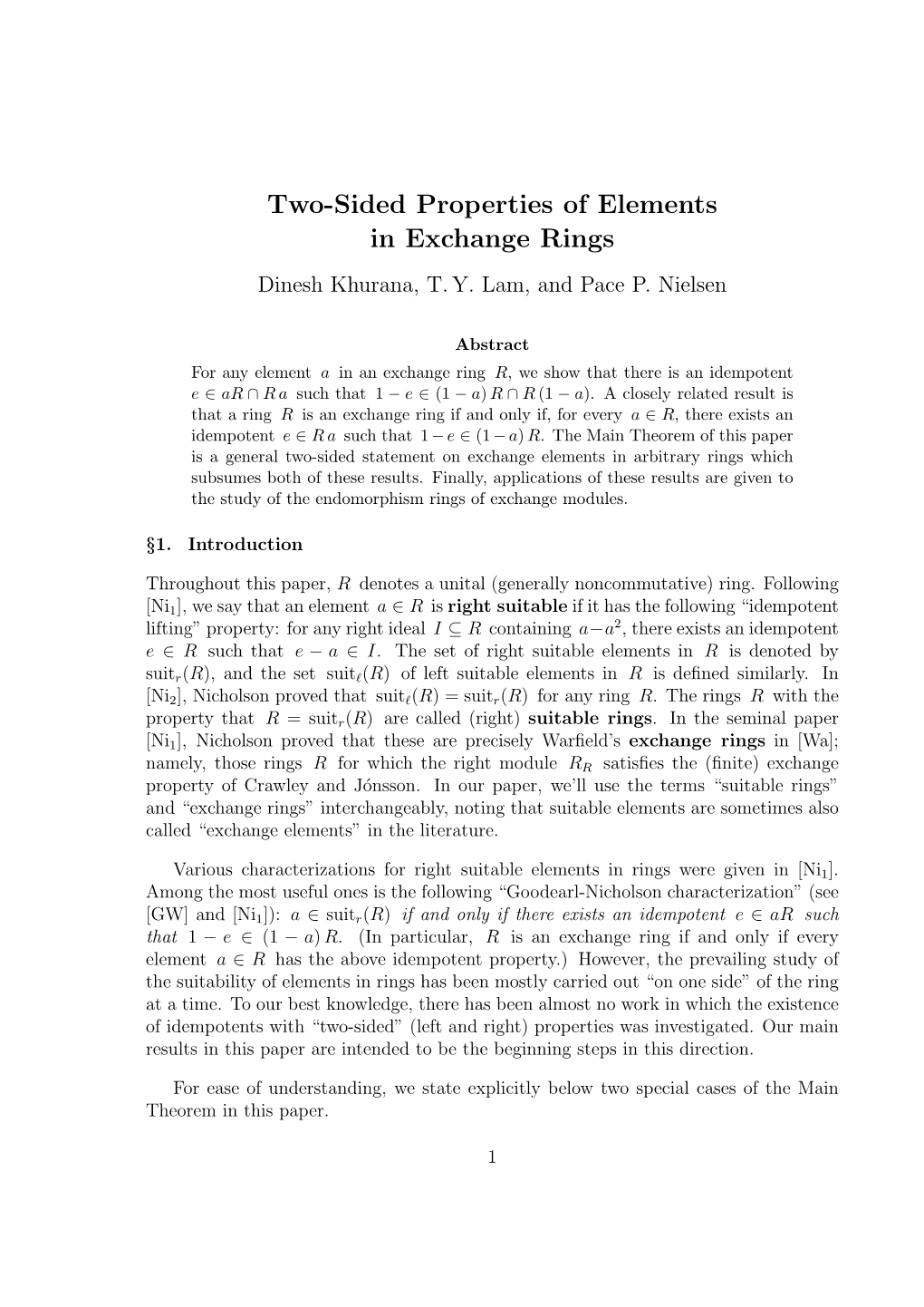 Two-Sided Properties of Elements in Exchange Rings Dinesh Khurana, T