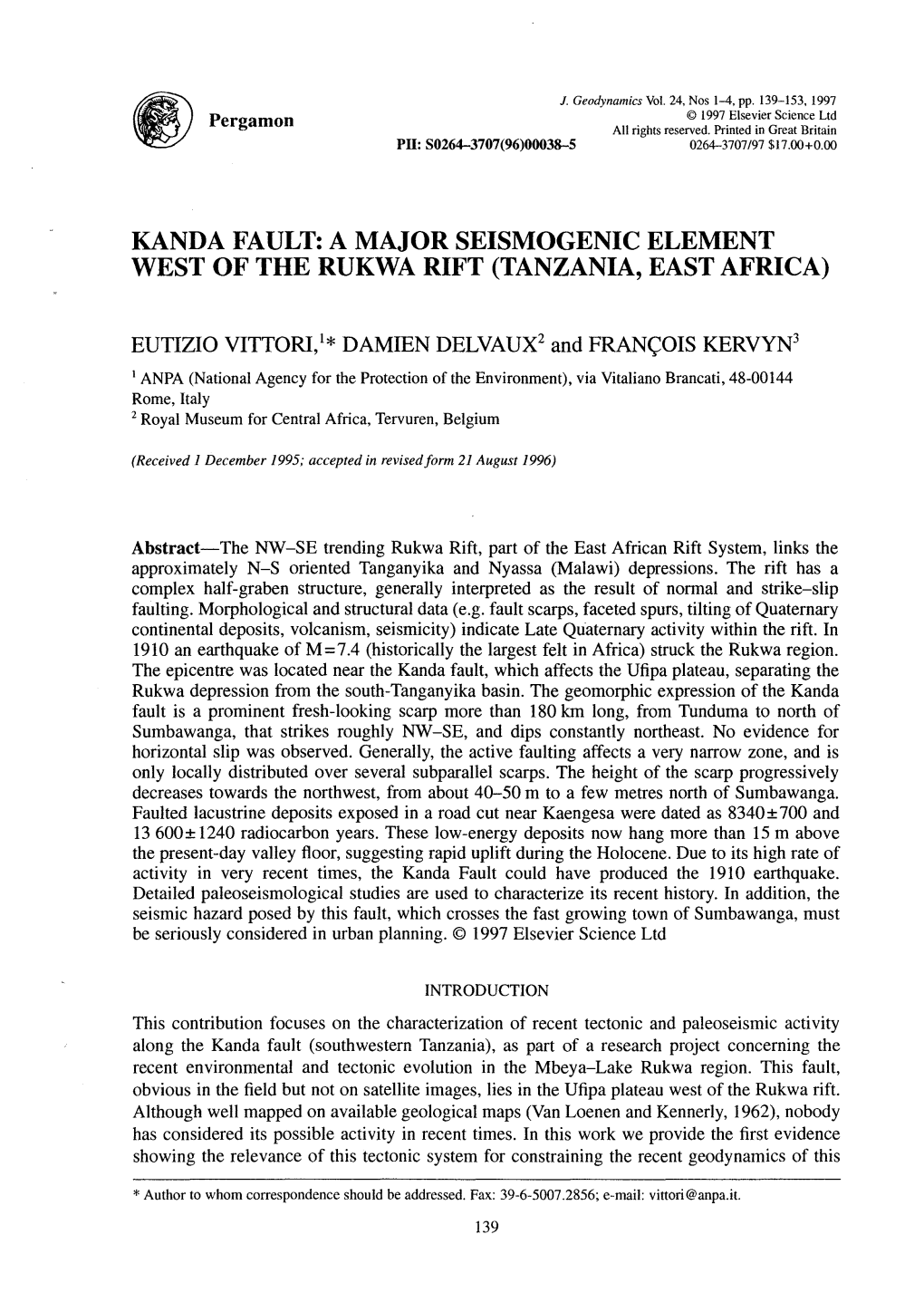 Kanda Fault: a Major Seismogenic Element West of the Rukwa Rift (Tanzania, East Africa)