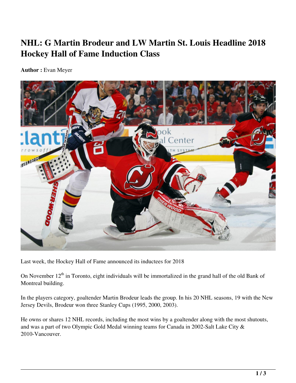 NHL: G Martin Brodeur and LW Martin St. Louis Headline 2018 Hockey Hall of Fame Induction Class