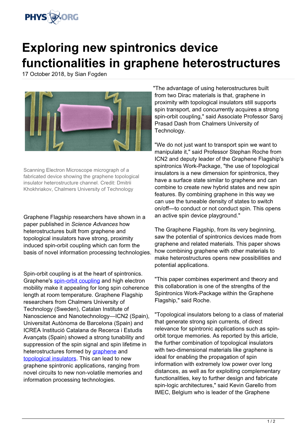 Exploring New Spintronics Device Functionalities in Graphene Heterostructures 17 October 2018, by Sian Fogden