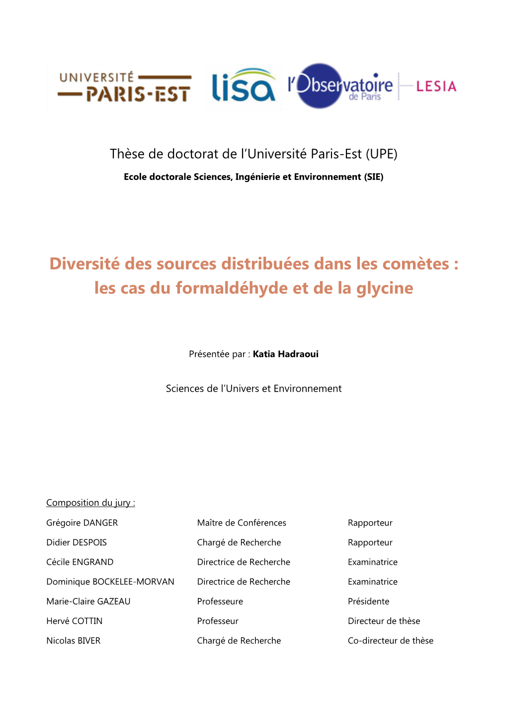 Les Comètes : Les Cas Du Formaldéhyde Et De La Glycine