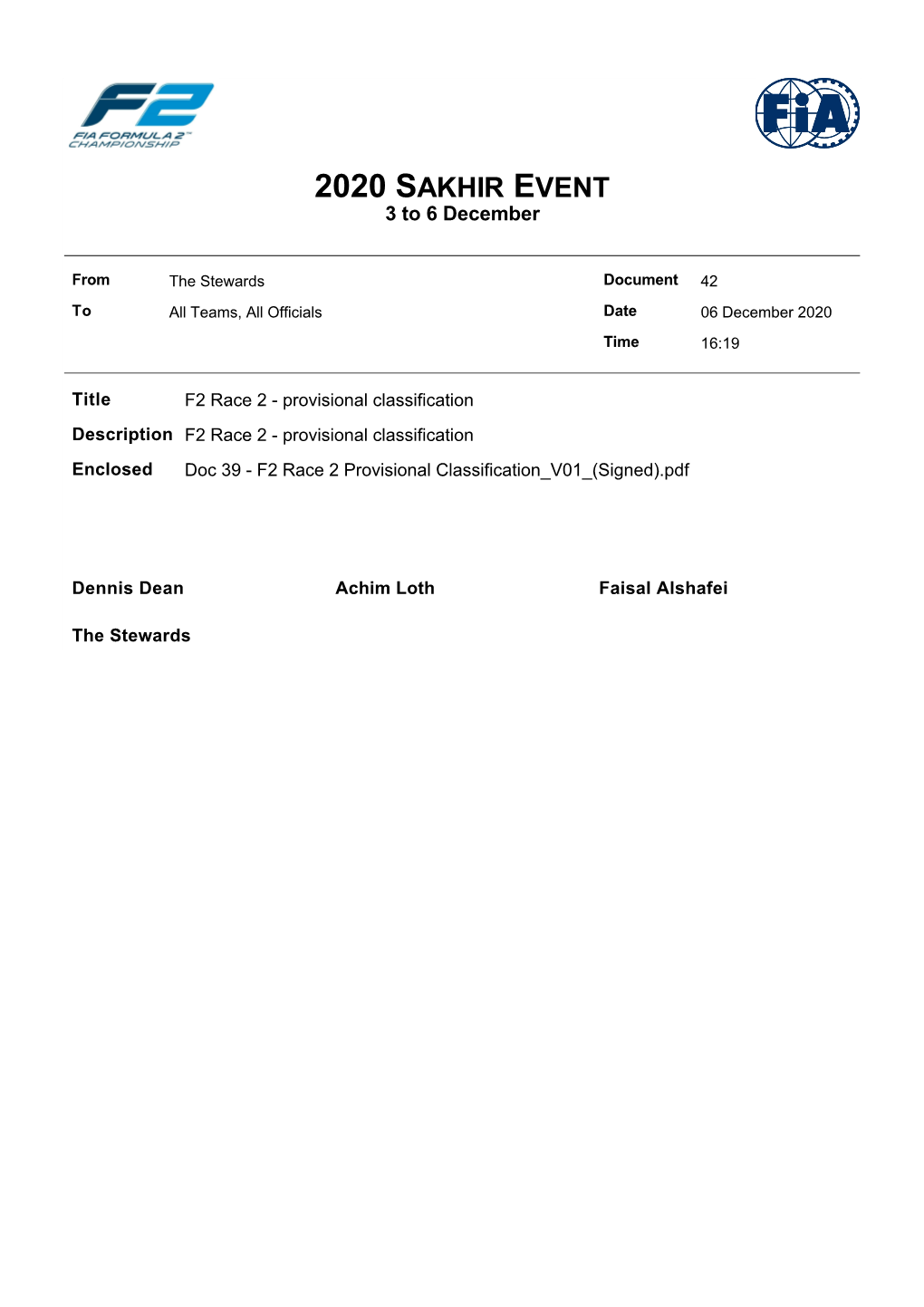 Provisional Classification Description F2 Race 2 - Provisional Classification Enclosed Doc 39 - F2 Race 2 Provisional Classification V01 (Signed).Pdf