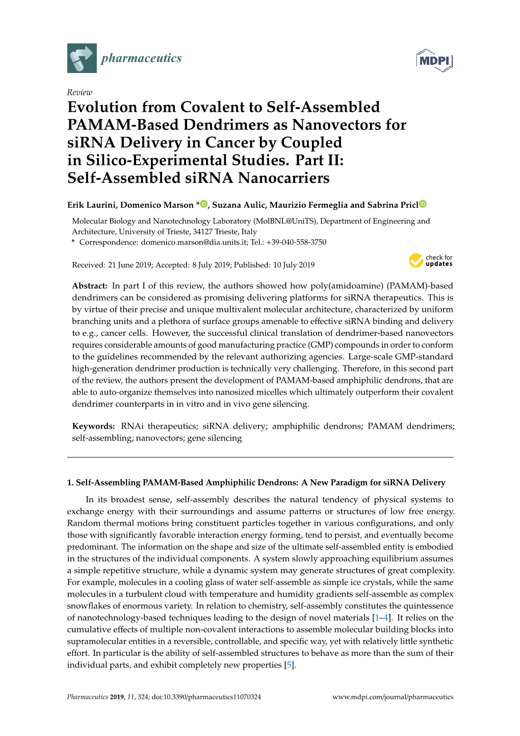 Evolution from Covalent to Self-Assembled PAMAM-Based Dendrimers As Nanovectors for Sirna Delivery in Cancer by Coupled in Silico-Experimental Studies